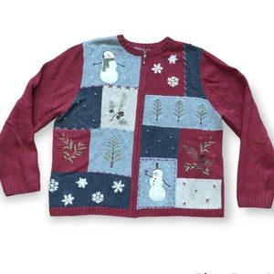 Croft & Barrow Christmas Color Block Zip Up Sweater Cardigan Size XL -Snowman